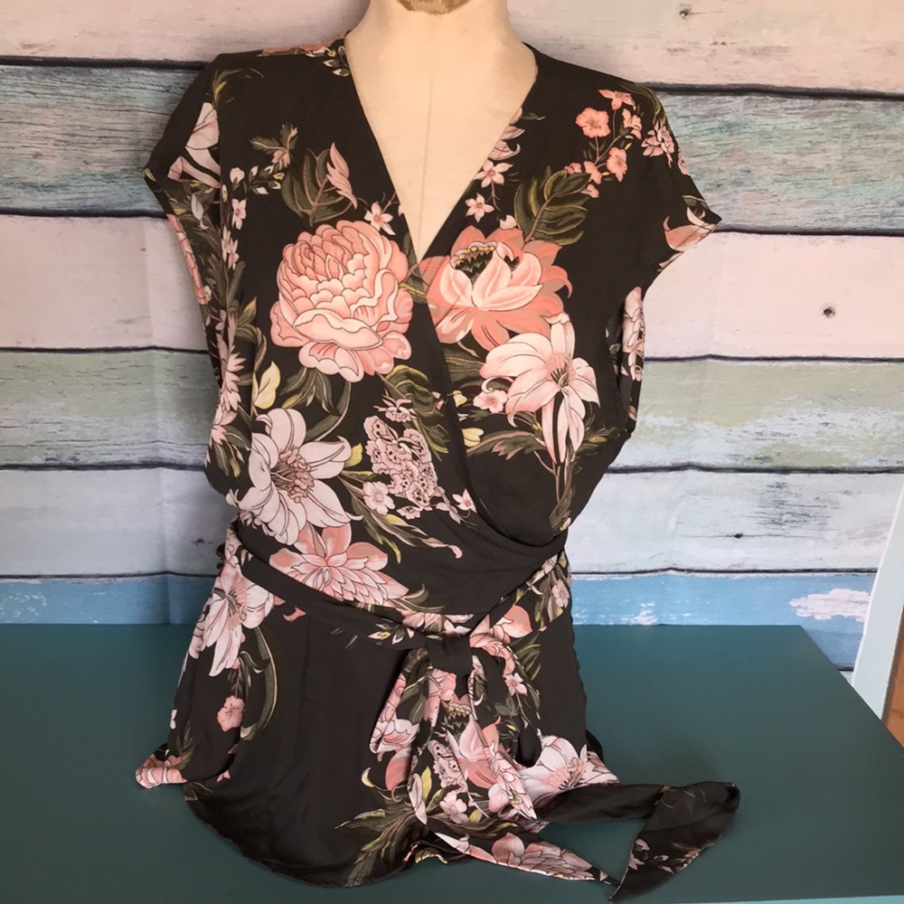 LOFT olive floral V neck wrap blouse cap sleeve